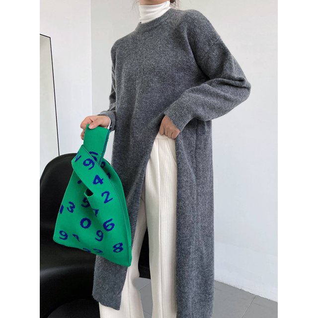 Suéter holgado de cuello redondo con abertura y largo medio para mujer, estilo europeo y americano, para otoño e invierno