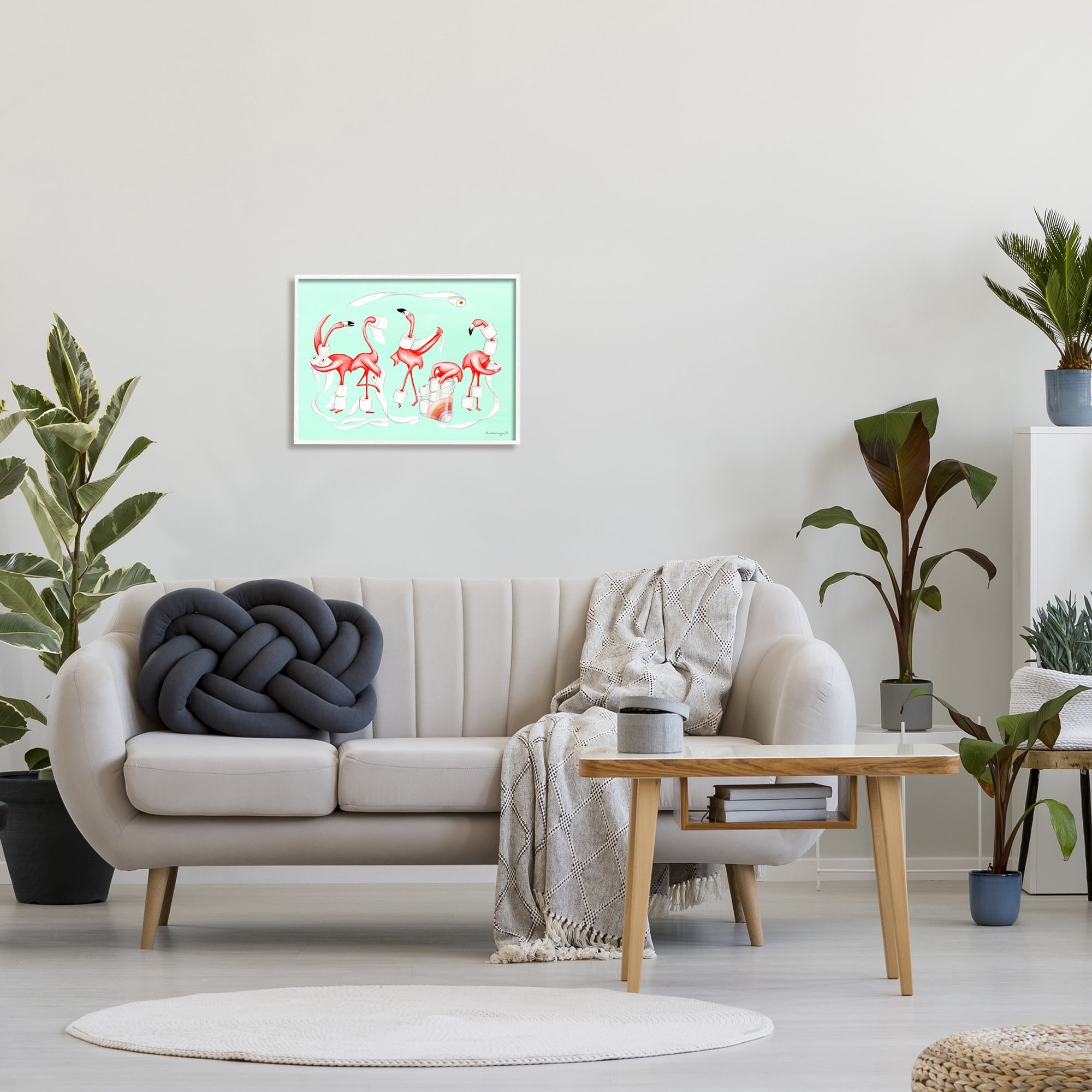 Stupell Industries Silly Flamingos Toilet Paper Rolls Bathroom Illustration Graphic Art White Framed Art Print Wall Art, Design by Amelie Legault