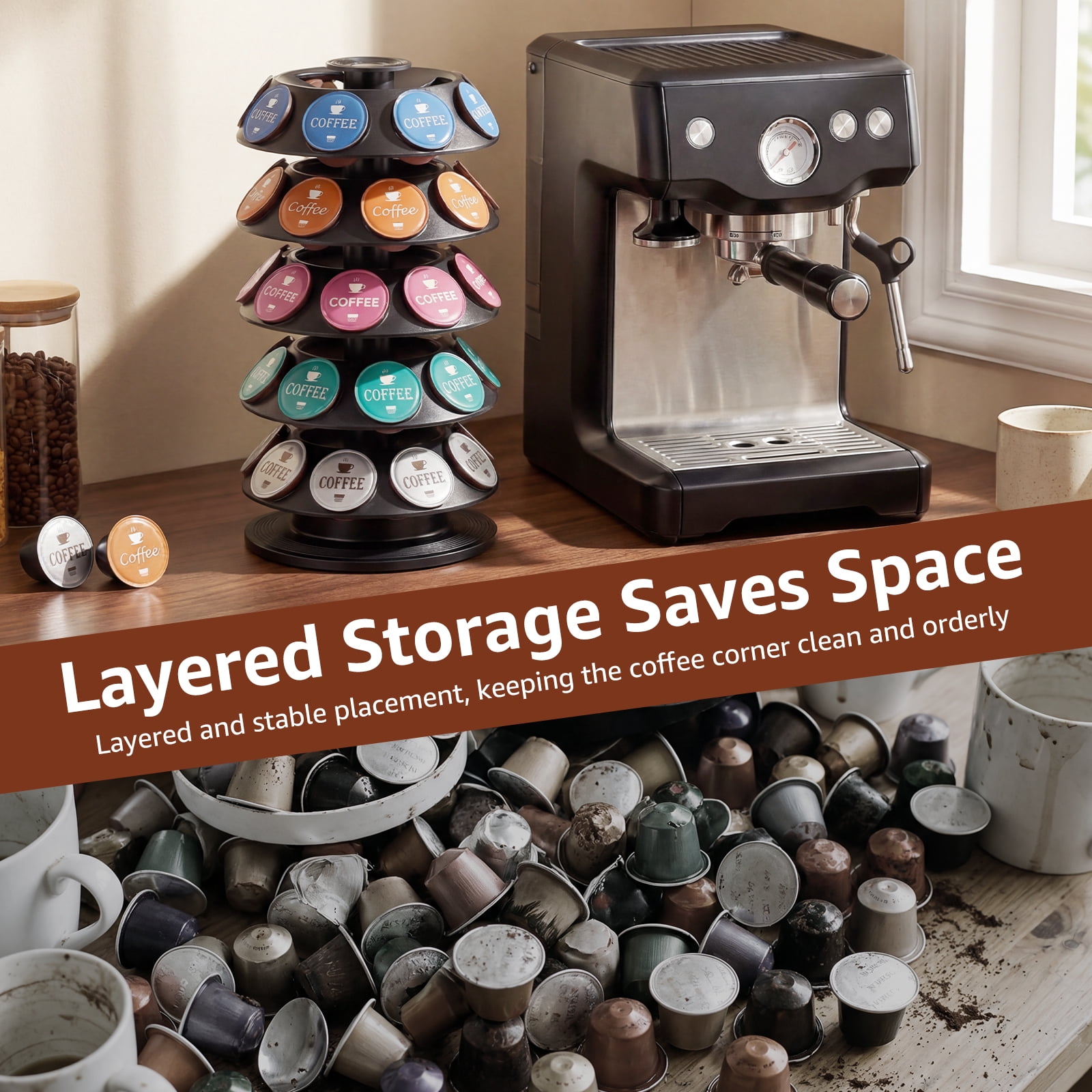 360° Turntable Coffee Pod Holder for 40 Capsule Rotating Organizer Coffee Pod Carousel Organizer Coffee Capsule Holder Coffee Pod Storage for Kitchen Counter Office