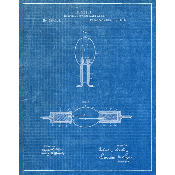 Original Incandescent Lamp Artwork Submitted In 1891 - Science and Technology - Patent Art Print