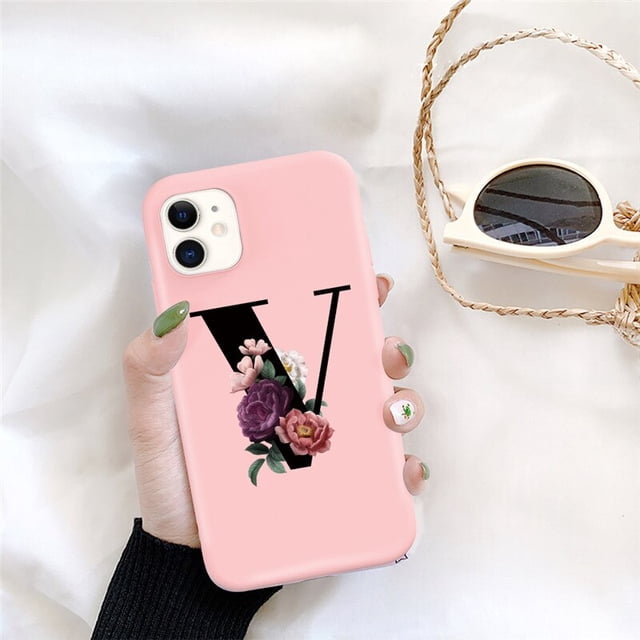 Funda de teléfono de silicona con letra inicial de Ottwn para iPhone 11 Pro 12 Pro Max X XR XS Max 7 8 Plus, funda trasera de TPU suave con flor rosa Retro Tan Jianjun unisex