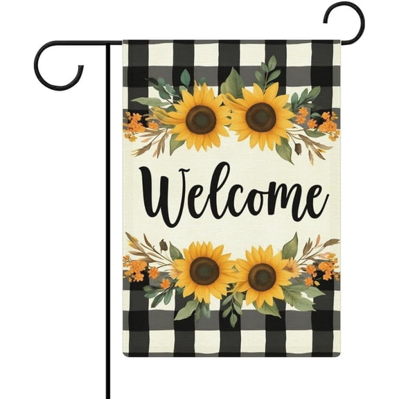 Black And White Buffalo Plaid with Sunflowers Welcome Garden Flag 12x18 Inch Double Sided for Outside Small Burlap Welcome Yard Decorations