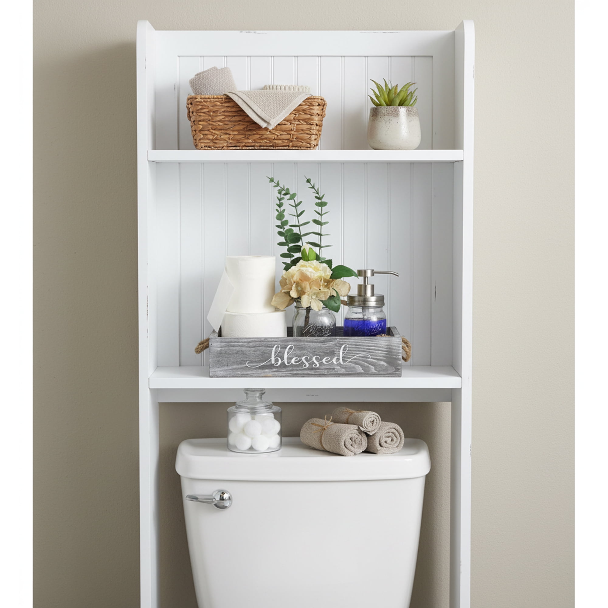Farmhouse Wood Bathroom Tray Toilet Paper Holder with Mason Jar Soap Dispenser & Flowers, Medium Rustic Gray Over Toilet Decor