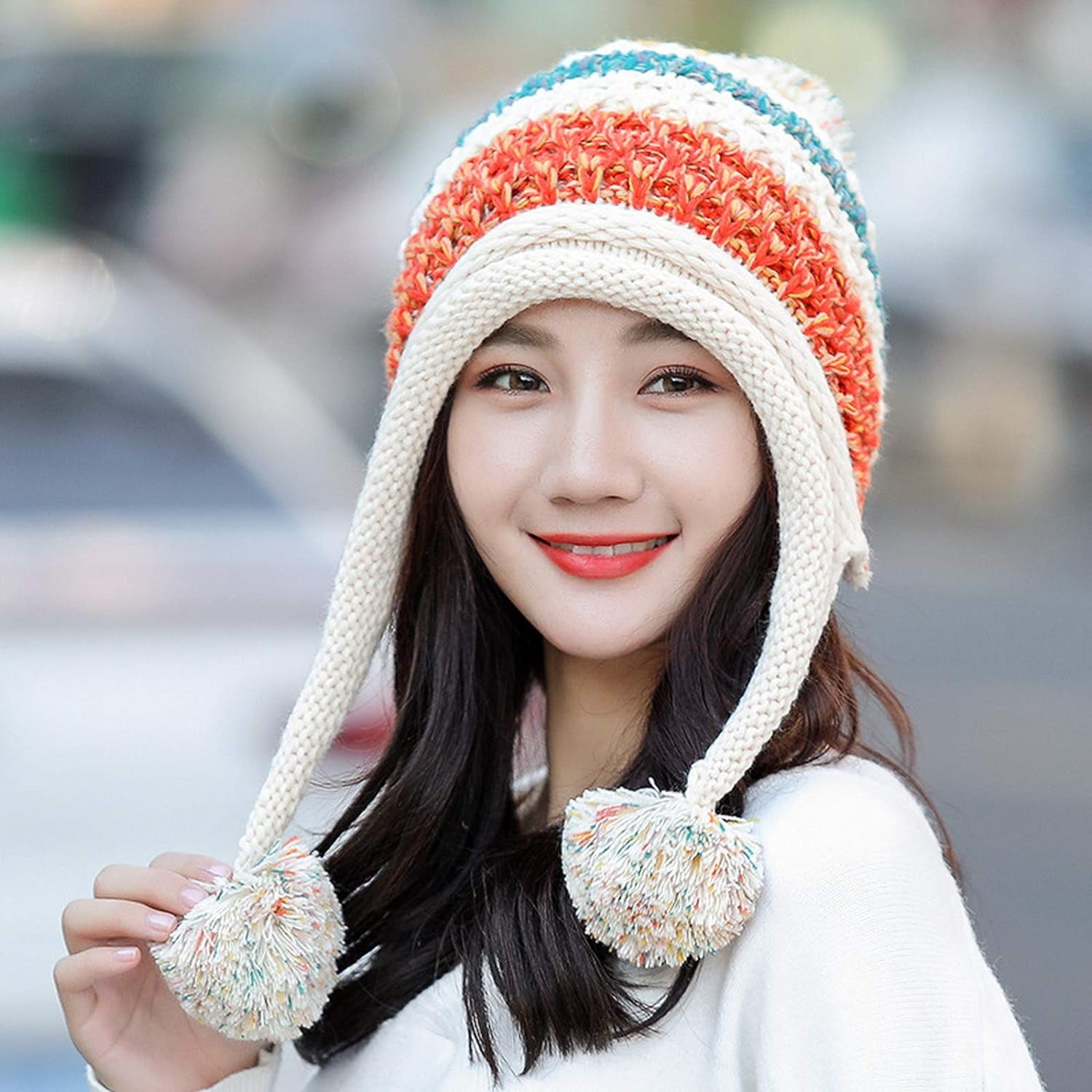 YooGuoGuo Women Fleece Lined Beanie Cap Contrast Color Warm Knitted Ski Hat w/Earflap Pom