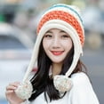 thumbnail image 2 of YooGuoGuo Women Fleece Lined Beanie Cap Contrast Color Warm Knitted Ski Hat w/Earflap Pom, 2 of 4