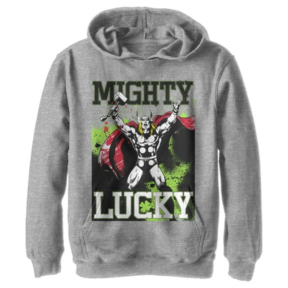 Boy's Marvel St. Patrick's Day Mighty Lucky Thor  Pull Over Hoodie Athletic Heather X Large