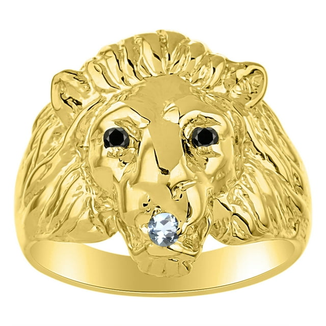 RYLOS Rings Gold Plated Silver Lion Head Ring Black Diamonds Eyes & Gemstone Mouth Fun Designer Rings Aquamarine Jewelry Size 9