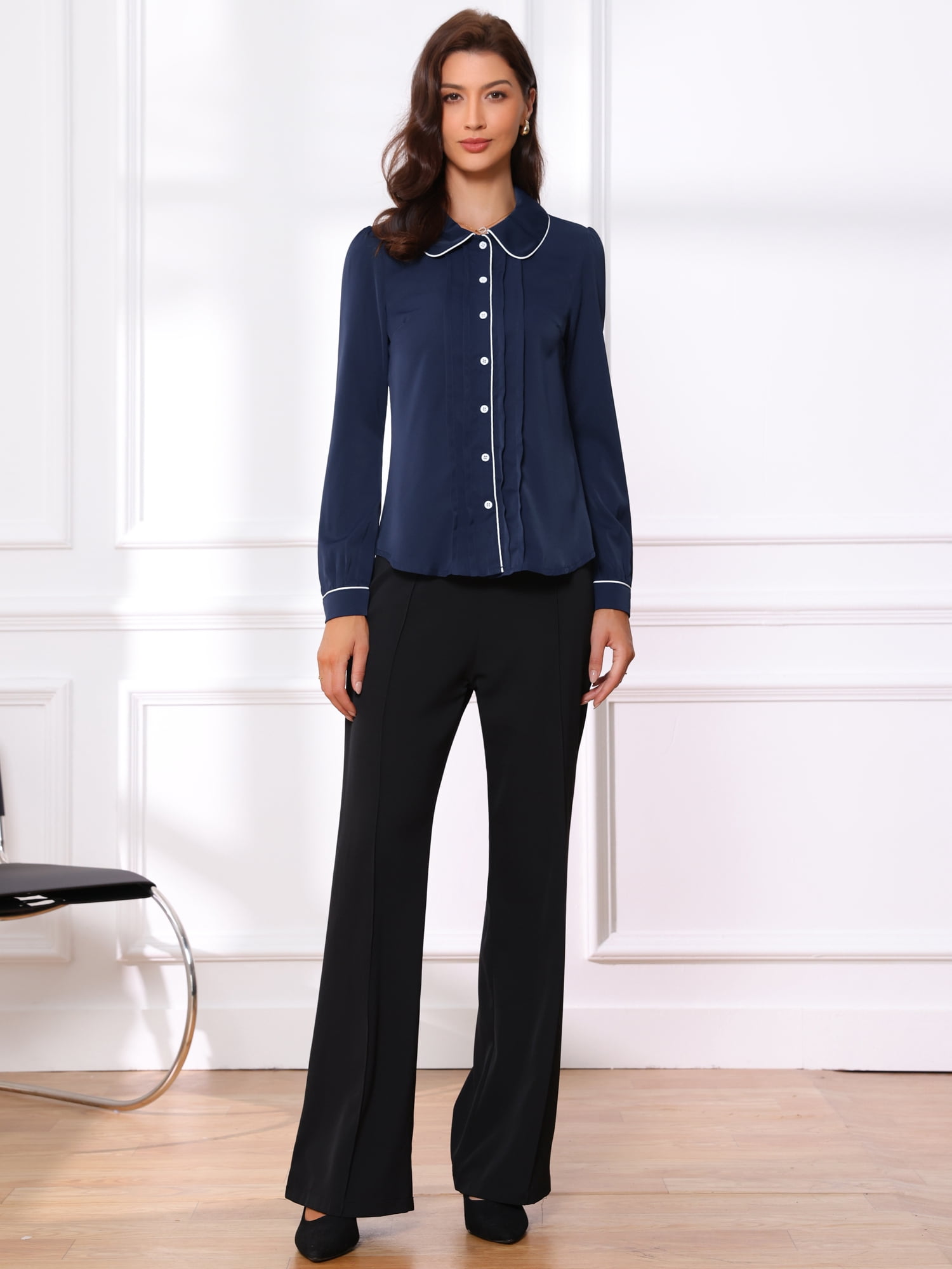 DARING DIVA Women's Collar Shirt Long Sleeve Elegant Button Down Blouse M Dark Blue