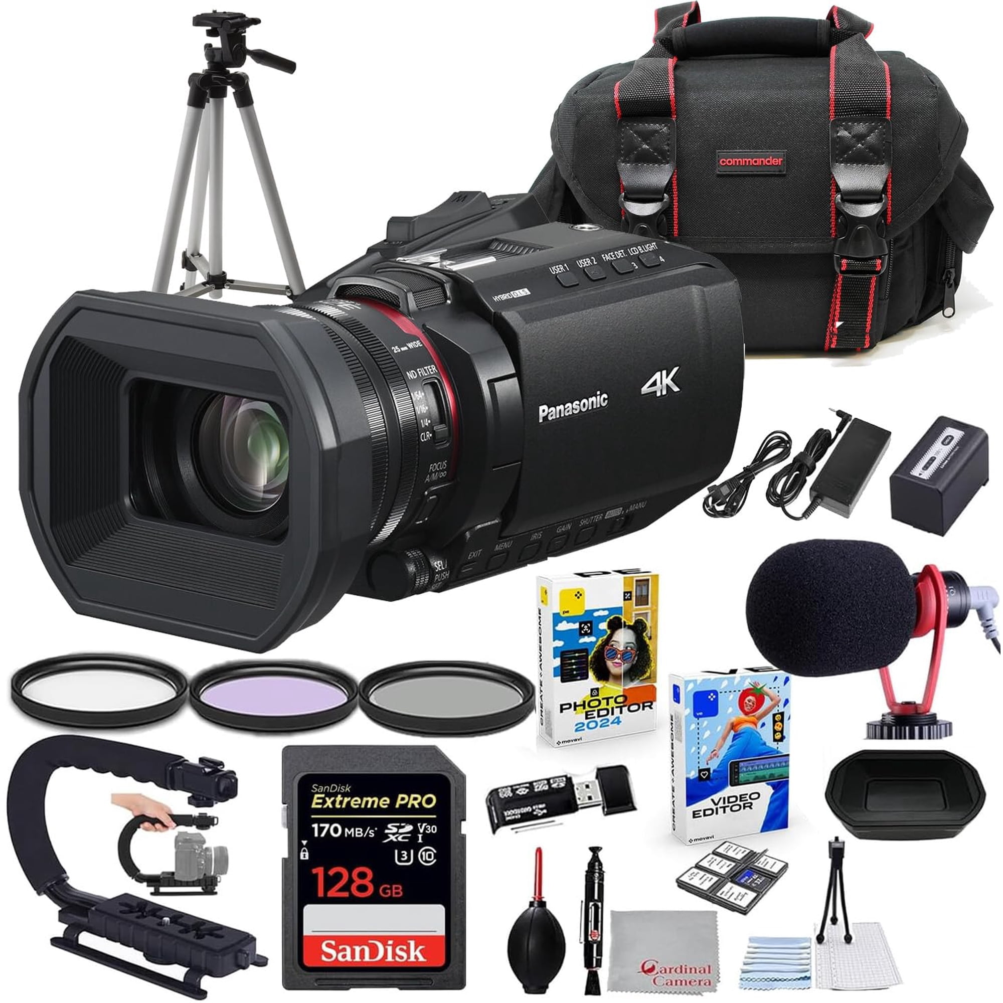 Panasonic HC-X1200 UHD 4K HDMI Camcorder with 24x Zoom Bundle + Accessory Package Including 128GB Extreme Pro Memory, HD Filters, Carry Bag, Editing Software Package & More (22 Items)
