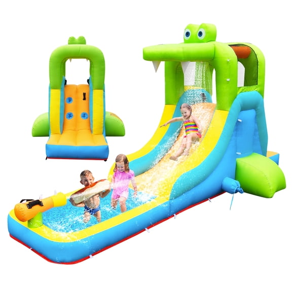 NBSPORT Inflatable Crocodile Water Slide & Bounce House for Outdoor Backyard, with Climbing Wall, Splash Pool, Water Cannon & Blower for Kids