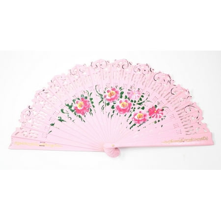 

Pink Double Sided Wooden Spanish Floral Print Hand Folding Fan Party EHD