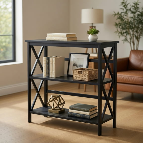 Spaco 3-Tier Wooden Multi-Functional X-Design Etagere Storage Bookshelf-Black, Tall Bookshelf, Shelves for Living Room, Home Office, Bedroom, Balcony
