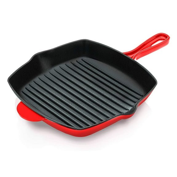 NutriChef 11" Square Cast Iron Skillet Grill Pan w/ Porcelain Enamel Coating, Red