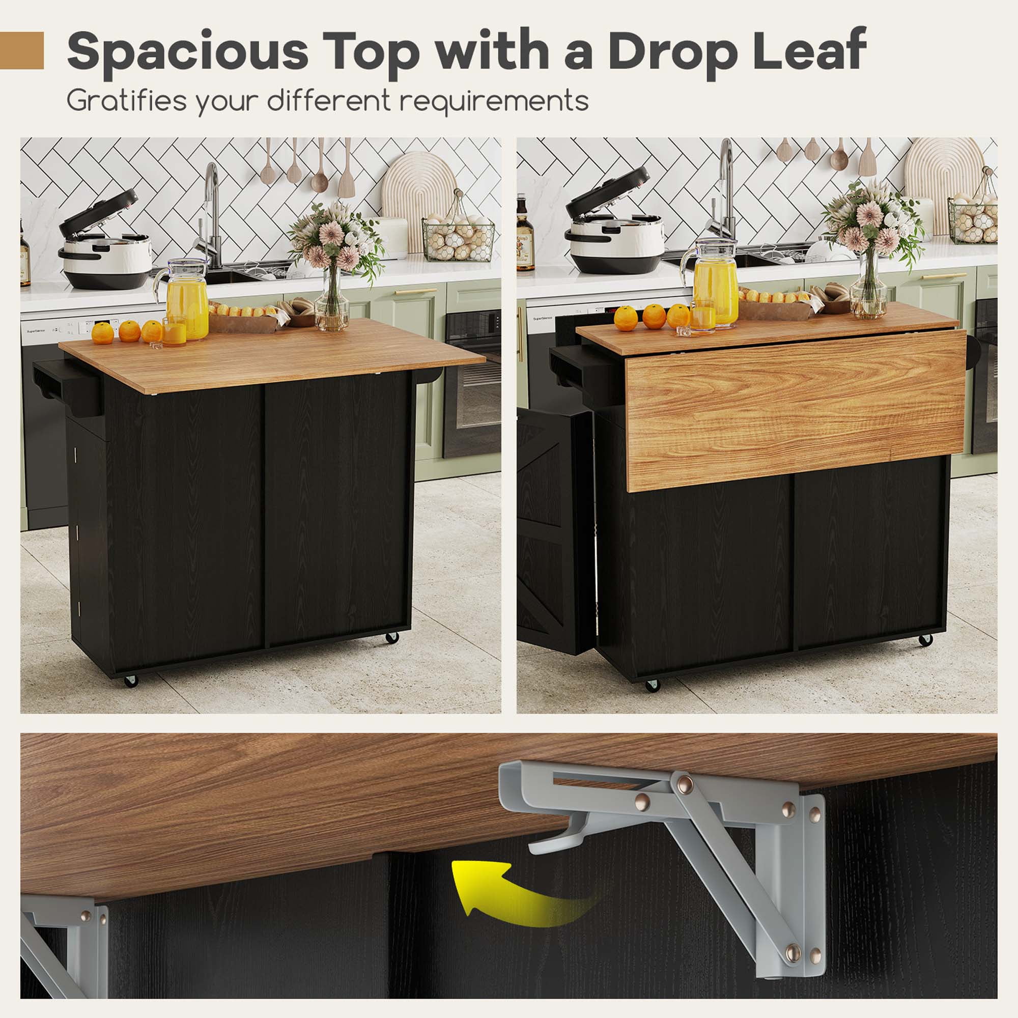 Costway Rolling Kitchen Island Kitchen Island Cart with Drop Leaf Trash Can Cabinet Black