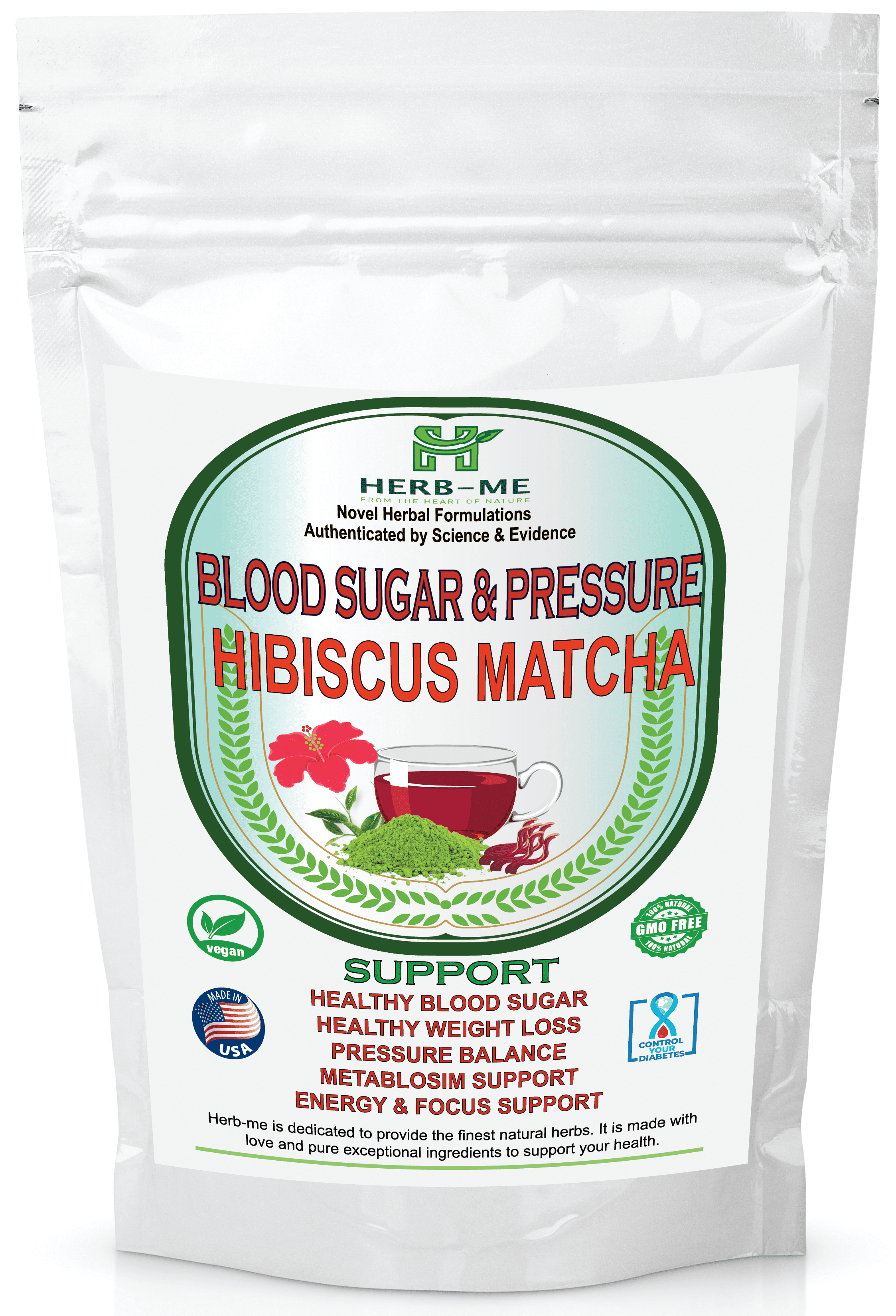 HerbMe, Blood Sugar & Pressure Matcha Hibiscus All Organic Healthy