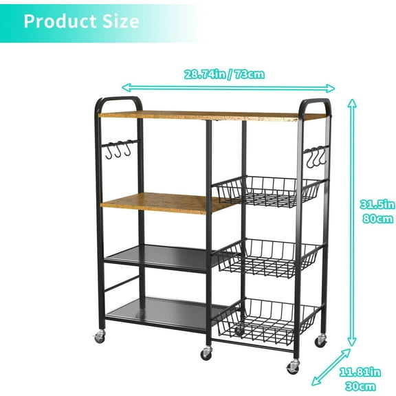 Rolling Kitchen Microwave Cart - 4 Tier Storage with Pull-Out Baskets and Wheels