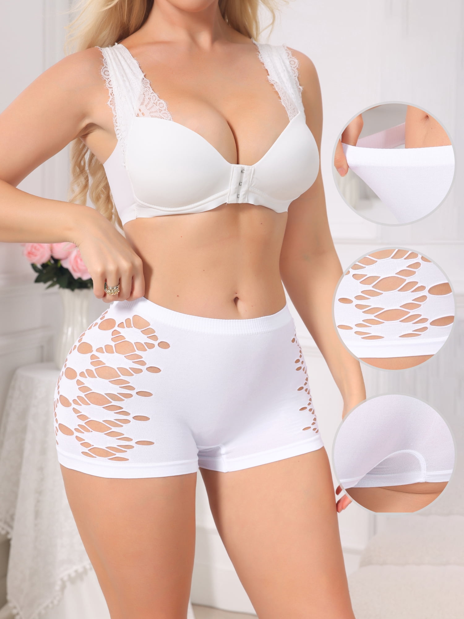 DARING DIVA Women's Mid Rise Boyshorts Hollow Stretchy Butt Lifter Slip Shorts XL White