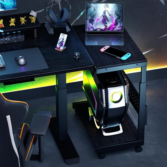 Computer Tower Stand/PC Tower Stand with Wheels, Dual Tier & 5-Level Adjustable CPU Holder Cart (23.2-33.5") — Under Desk Floor PC Stand for Gaming & Home Office [Black]