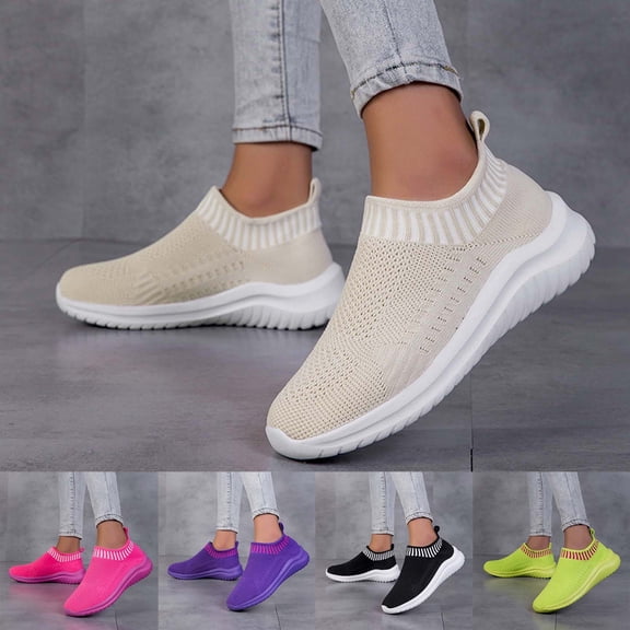 CAIXAI Women Walking Shoes Wide Toe Box Shoes Women Classic Mesh Knitted Womens Walking Sneakers Walking Anti-Skid Arch Support Mary Jane Shoes Women Hands-Free Soft Shoes