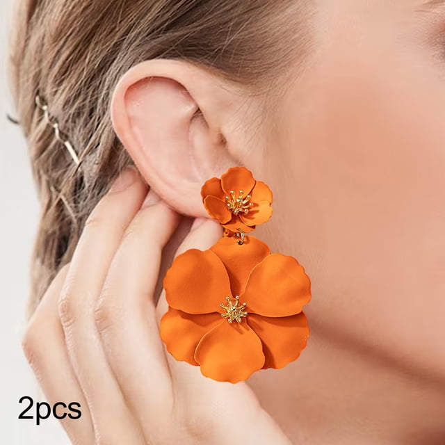 Pendientes colgantes de flores, pendientes de pétalos florales, pendientes colgantes para vacaciones, mujeres, niñas, joyería del día de San Valentín, Naranja