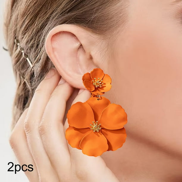 Pendientes colgantes de flores, pendientes de pétalos florales, pendientes colgantes para vacaciones, mujeres, niñas, joyería del día de San Valentín, Naranja