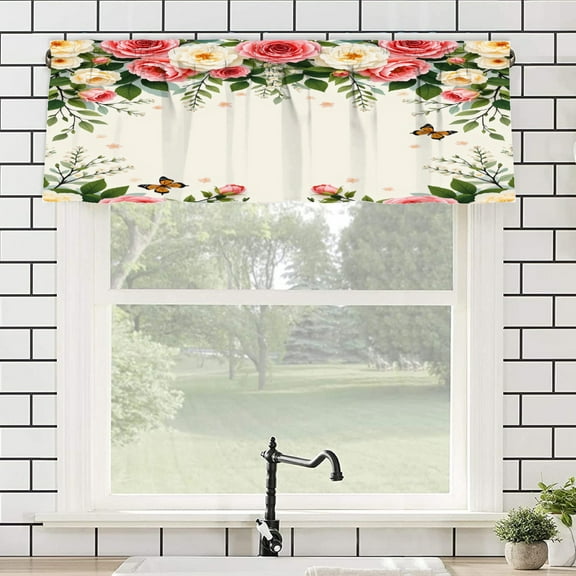 Remain Unique Floral Butterfly Print Polyester Rod Pocket Curtain Valance for Home Bedroom Living Room Kitchen Window Decor 54x18 inch