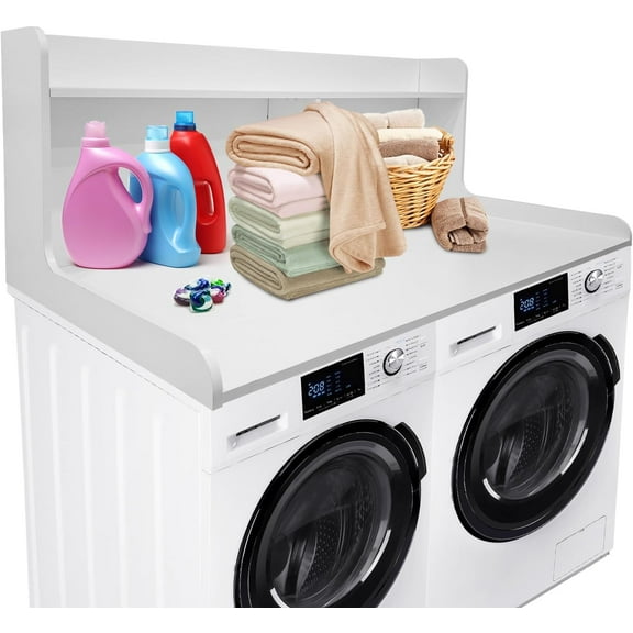 2-Tier Washer Dryer Countertop with Edge Rails, Waterproof Wood Laundry Shelf, Anti-Slip Pads, Laundry Room Organizer for Storage and Folding, White