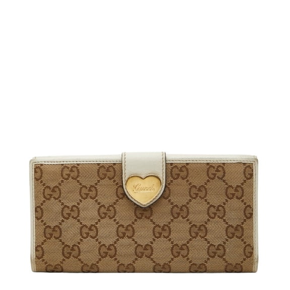 Pre-Owned Gucci GG Canvas Double Hook Long Wallet 203550 White Beige Leather Women's... (Fair)