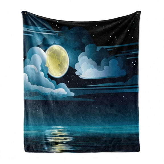 Night Soft Flannel Fleece Blanket, Clouds Full Moon and Stars over the Sea Romantic Fantasy Graphic Print, Cozy Plush for Indoor and Outdoor Use, 50" x 70", Black Pale Blue Eggshell, by Ambesonne