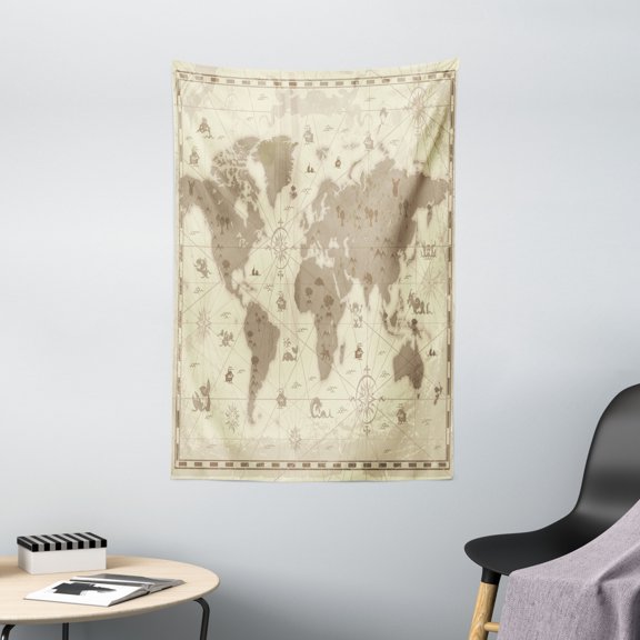 Map Tapestry, Aged Retro Styled Map of the World with Mountains Fantasy Monsters and Compass, Wall Hanging for Bedroom Living Room Dorm Decor, 40W X 60L Inches, Sepia Pale Yellow, by Ambesonne