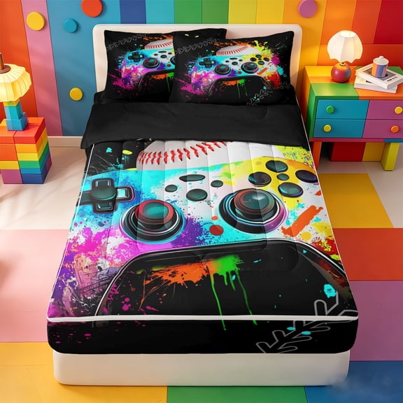 Erosebridal Graffiti Game Controller Zipper Twin Comforter Sets with Fitted Sheet and 2 Pillowcases,Ball Splash Sport Zipper Bedding Set For Boys,Black Reversible,4-Piece