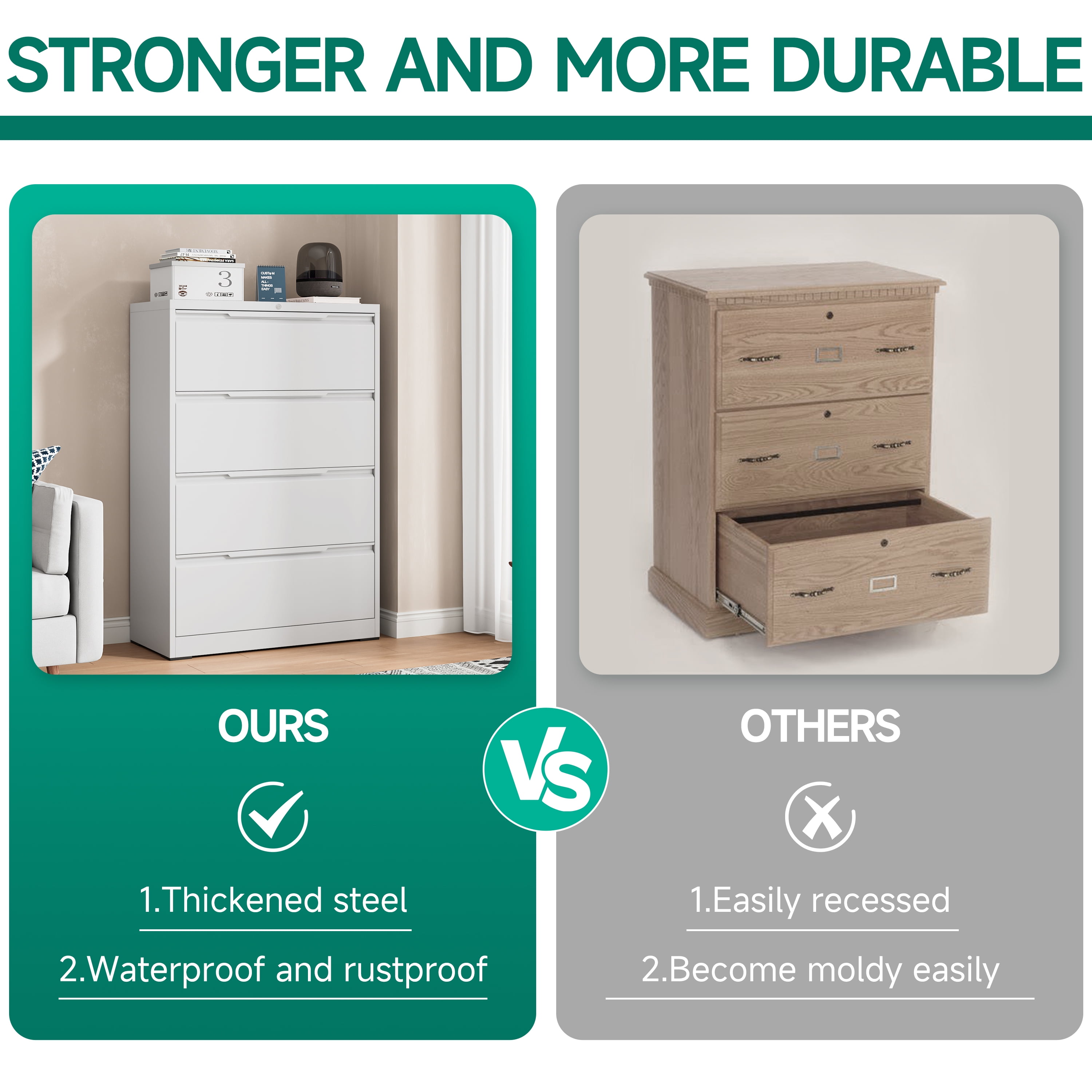 Kooyon 4 Drawer White Lockable Lateral File Cabinet, Metal Home Office Filing Cabinet, Fits A4/Letter/Legal -Assembly Required