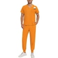 thumbnail image 2 of Men's Workwear Scrubs 2-Piece Set, Quick-Dry Fabric Solid Color V-Neck Pocket Short Sleeve Top and Pants, Nursing Uniform For Medical Duty,Orange,M, 2 of 6