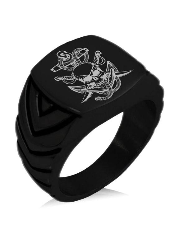 Stainless Steel Pirate Skull Anchor & Sabers Chevron Pattern Biker Style Polished Ring