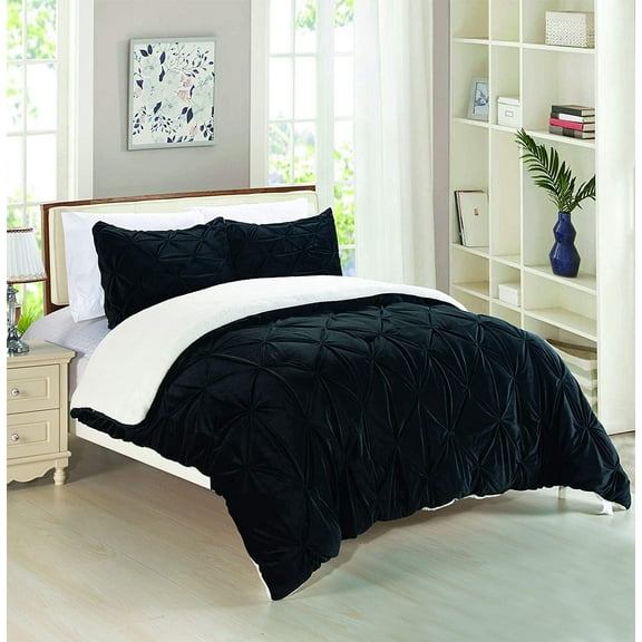 Celine Linen Micromink Pintuck & Pinch Pleated Sherpa Comforter Set, Micro-Suede 3-Piece Reversible Comforter Set, Full/Queen, Black