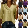 thumbnail image 2 of Womens Linen Shirts Summer 3/4 Sleeve Tops Dressy Casual Buttons V Neck Blouse Loose Fit Lightweight Tunic Tops,Yellow,M, 2 of 8