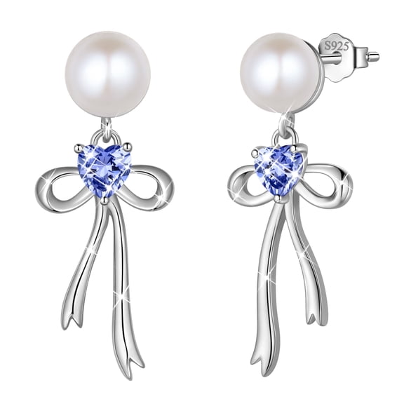 Fasjewly 925 Sterling Silver December Blue Tanzanite Birthstone Earrings for Women, Pearl Bow Dangle Stud Earrings, Birthday Jewelry Gift for Her,Mom,Daughter