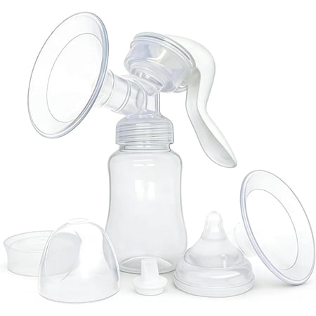 Nurtulia Manual Breast Pump with Gentle Silicone Flange, Portable Hand Pump with 5oz Baby Bottle & Slow Flow Nipple, Breastfeeding Must-Have