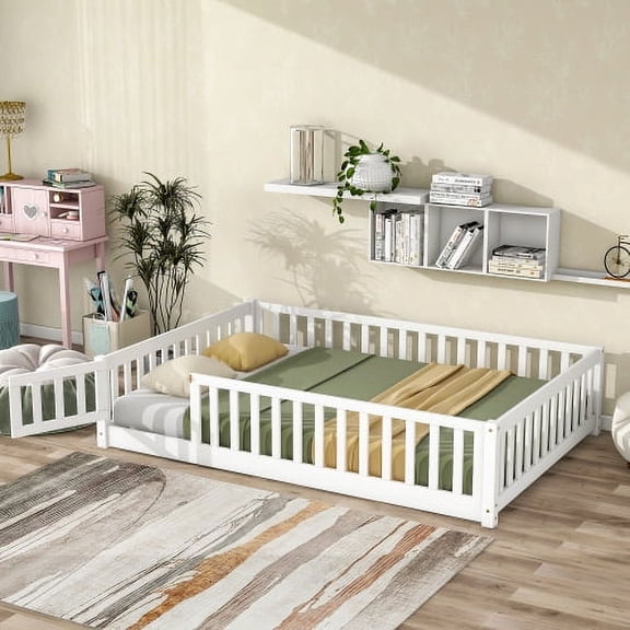 Full Size Floor Bed for Kids, Wooden Full Bed Frame with Fence Guardrails & Support Slats & Revolving Door Design, Montessori Style, Full Playhouse Bed with for Toddler, Boys ,Girls, White