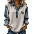 thumbnail image 2 of VJGBEGW Women's Denim Patchwork Sweatshirts Henley Button Lapel Collar Long Sleeve Shirt Color Block Loose Fit Pullover Tops Grey M, 2 of 8