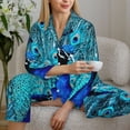 thumbnail image 5 of KLL Beautiful Blue Peacock Print Women's Long Sleeve Pajamas with Pants Sleepwear Loungewear 2 Set-Medium, 5 of 7
