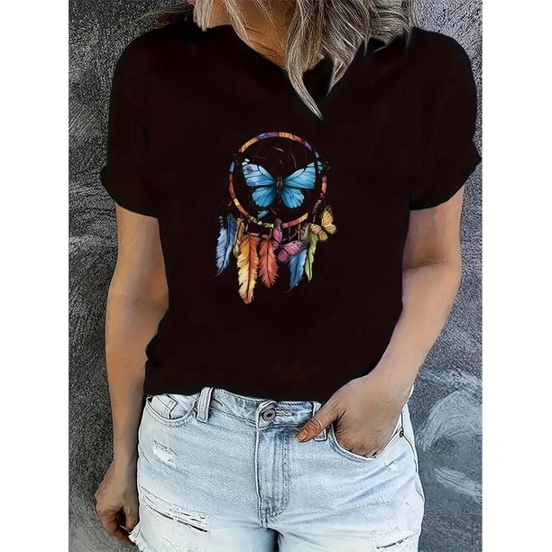 Women's Casual Butterfly Graphic Tee - Short Sleeve, Crew Neck, Stretchy Polyester Blend, Vibrant Design, Comfortable Summer Top for Casual Attire, Stylish Leisurewear | Trendy Women's Tshirt | Gloss
