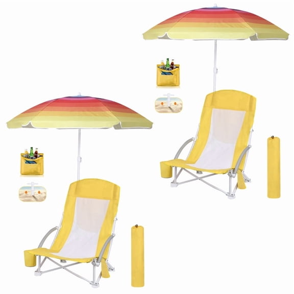 High-Back Beach Chair with Umbrella & Cooler, Heavy-Duty Compact Chair for Adults, Includes Cup Holder, Carry Bag, Perfect for Camping, Outdoor Events (Yellow 2-Pack)