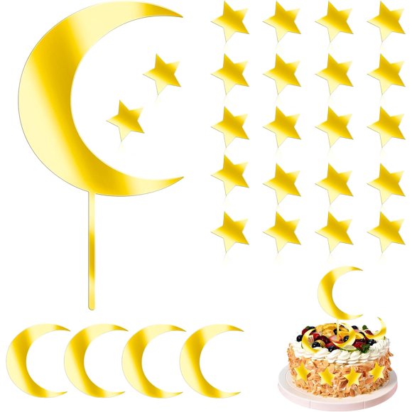 27 Pcs Moon Star Cake Toppers Gold Acrylic Cake Decorations Moon Cake Topper, Little Star Over the Moon Mirror Gold Birthday Decorations for Babyshower Birthday Party Supplies