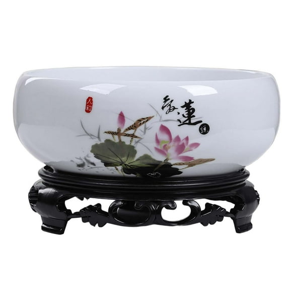 BiFandian Ceramic Lotus Bowl with Stand, Vintage Chinese Style Hydroponic Planter Pot, Round Narcissus Flowerpot for Planting in Water, Bonsai Daffodil Planting Container Garden Decoration