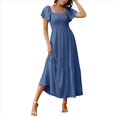 thumbnail image 1 of Vestido Veraniego Midi Bohemio de Corte A, Holgado, con Escote Cuadrado y Mangas Abullonadas, con Bolsillos, en Azul Marino, Talla L, 1 of 8
