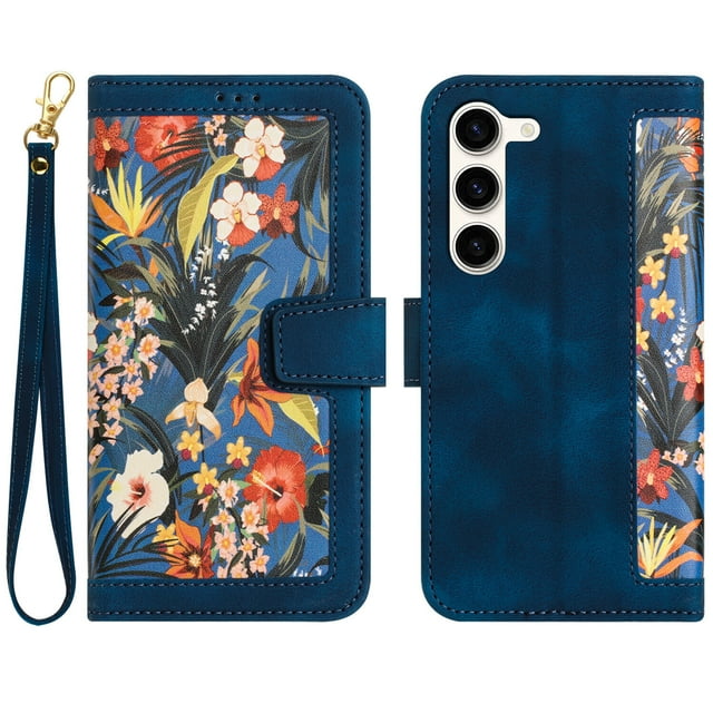 Compatible with Samsung Galaxy S23 5G Vintage Flower Wallet Case Magnetic Closure Cover with Card Slots