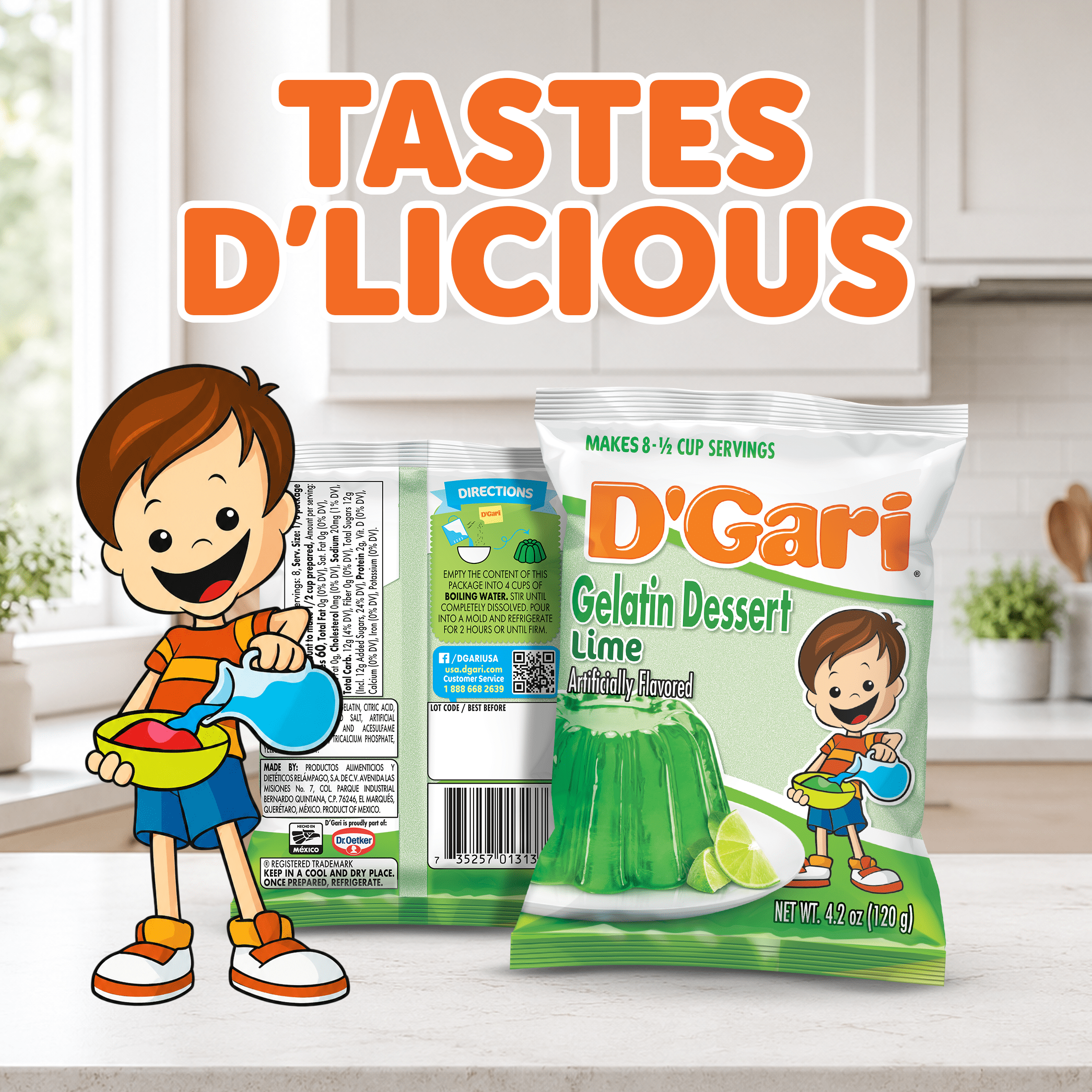 D'Gari, Lime Gelatin Dessert, 4.2 oz, refreshing lime flavor