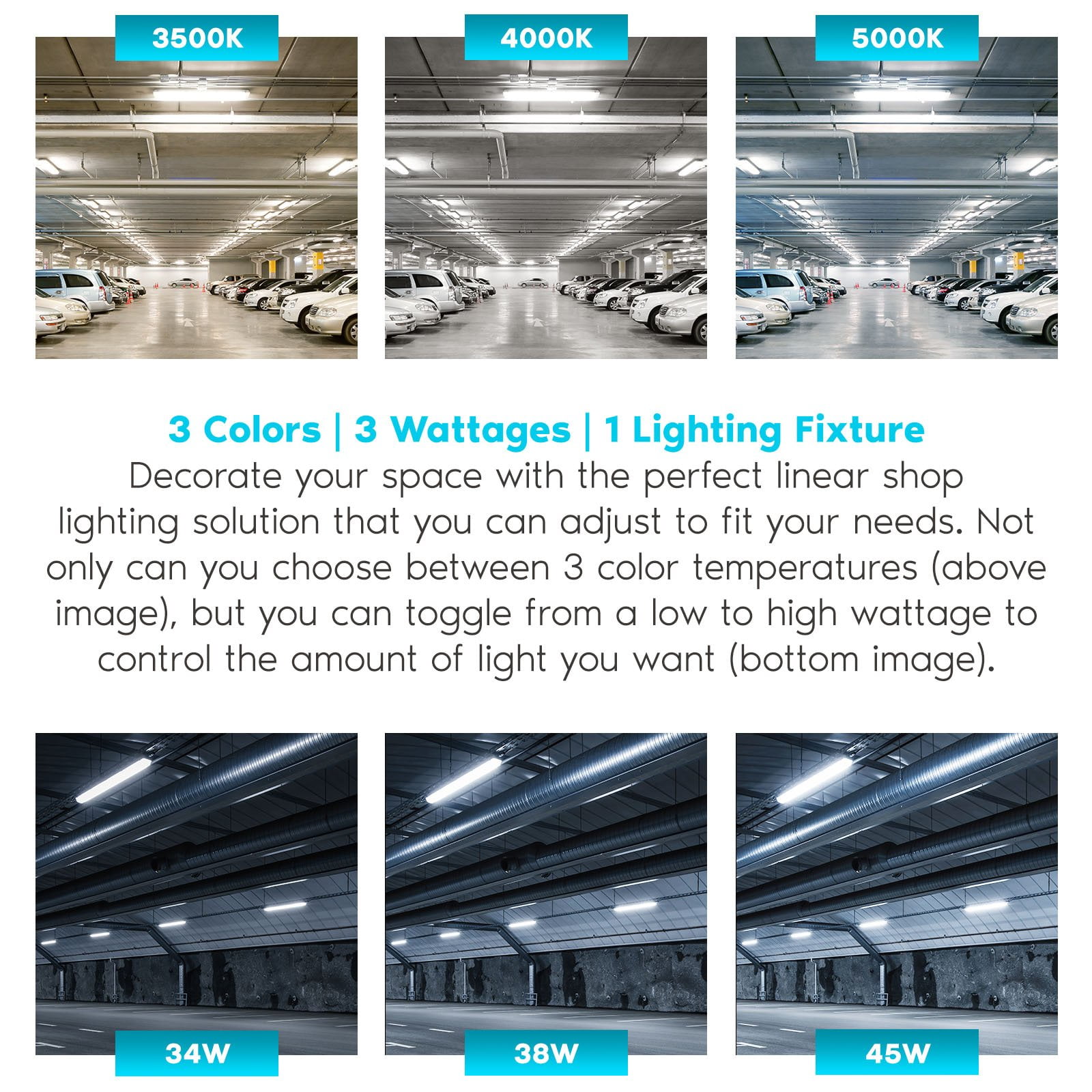 Luxrite 4FT Vapor Tight LED Light Fixture, 34/38/45W, 3 Color Options, 4658/5092/5895 Lumens, Dimmable, DLC UL Listed