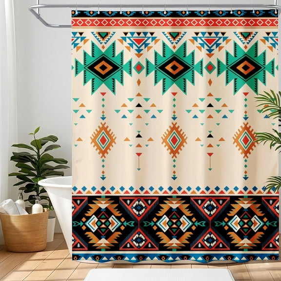 Amarainy Geometric Pattern Shower Curtain 72x72 Inch, Boho Bathroom Decor, Tribal Inspired Design Polyester Fabric Shower Curtain, Waterproof Bath Curtain